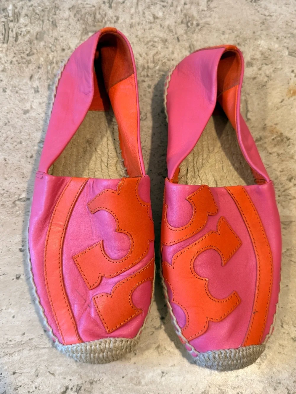TORY BURCH Pink and Orange Leather Espadrille Flats